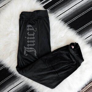 Juicy Couture Women’s Size Large Black Velour Jogger Pants Rhinestone Logo Luxe